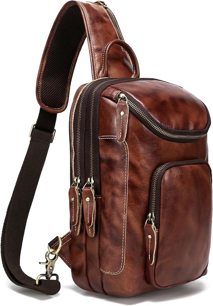 LANNSYNE Vintage Full Grain Leather Chest Crossbody Sling Bag Coffee/Brown