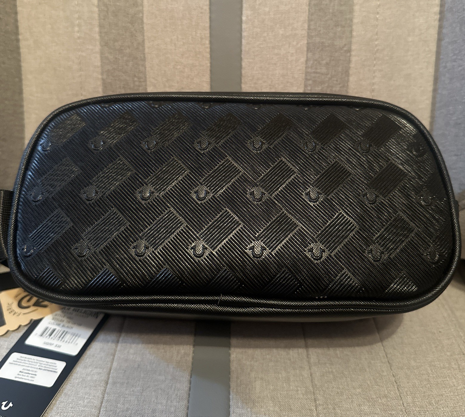 TRUE RELIGION mens toiletry bag travel Dopp kit Faux Leather Black NWT