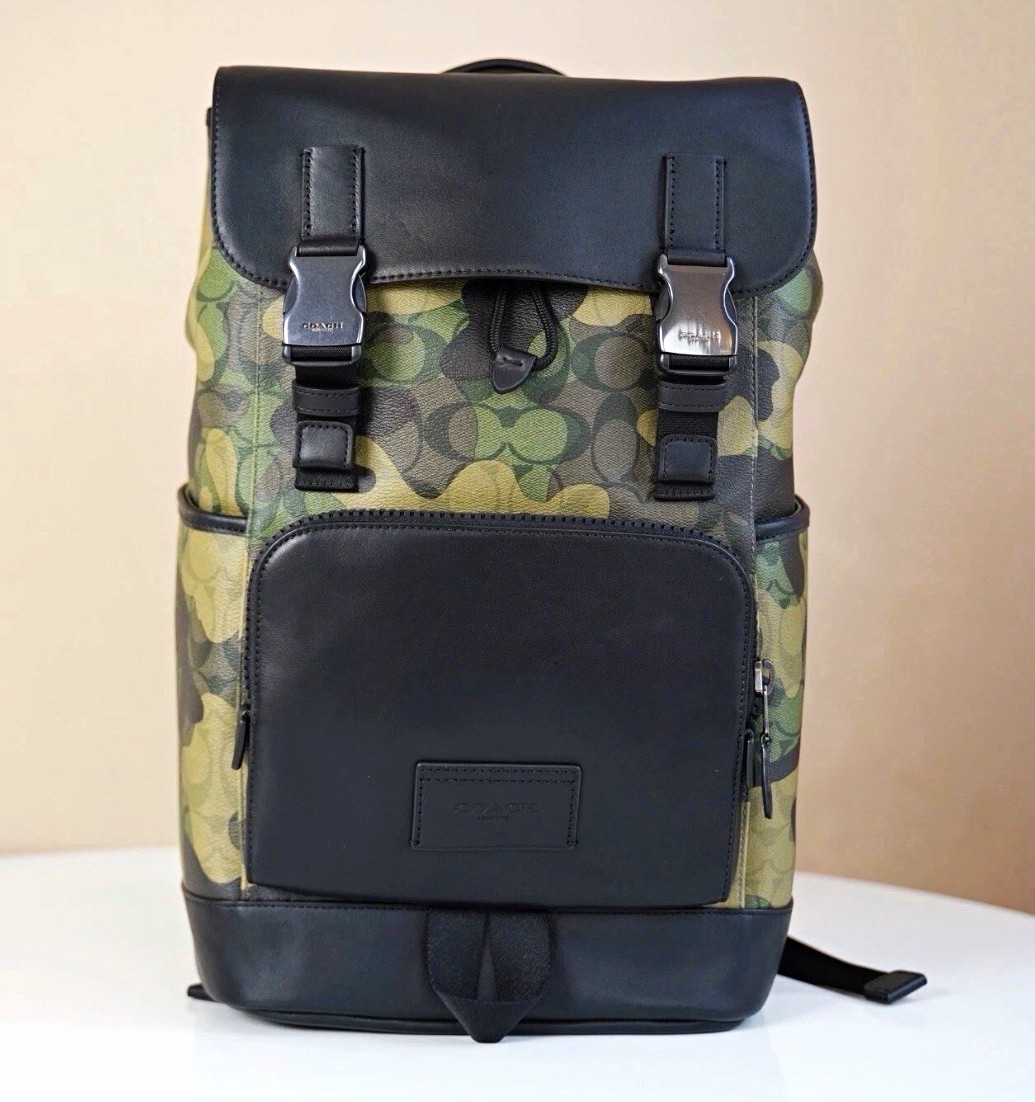 Coach Camouflage Backpack Green/Black Drawstring Zip Buckle, Adjustable Strap