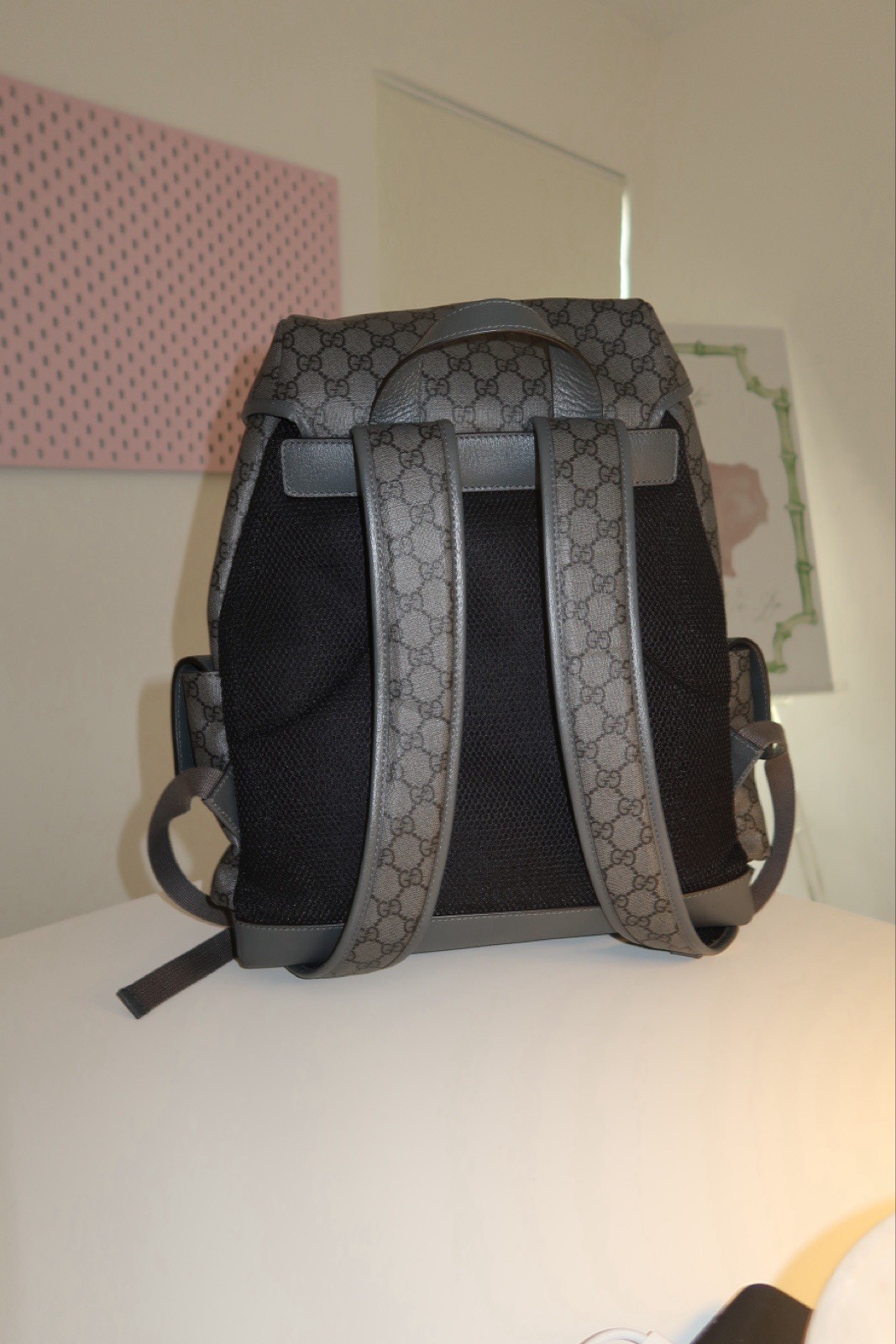 Gucci GG Pattern Gray/Black Backpack Drawstring Flap Buckle Adjustable Strap