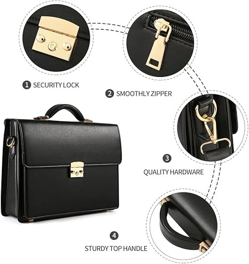 Men’s Leather Briefcase Laptop Messenger Bag, Business Lawyer Hard Case Black