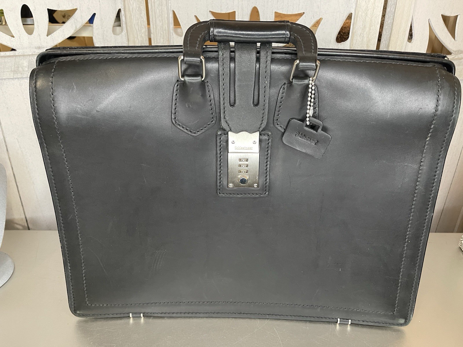 Schlesinger Black Smooth Leather Lawyer Briefcase Buckle & Combination Lock