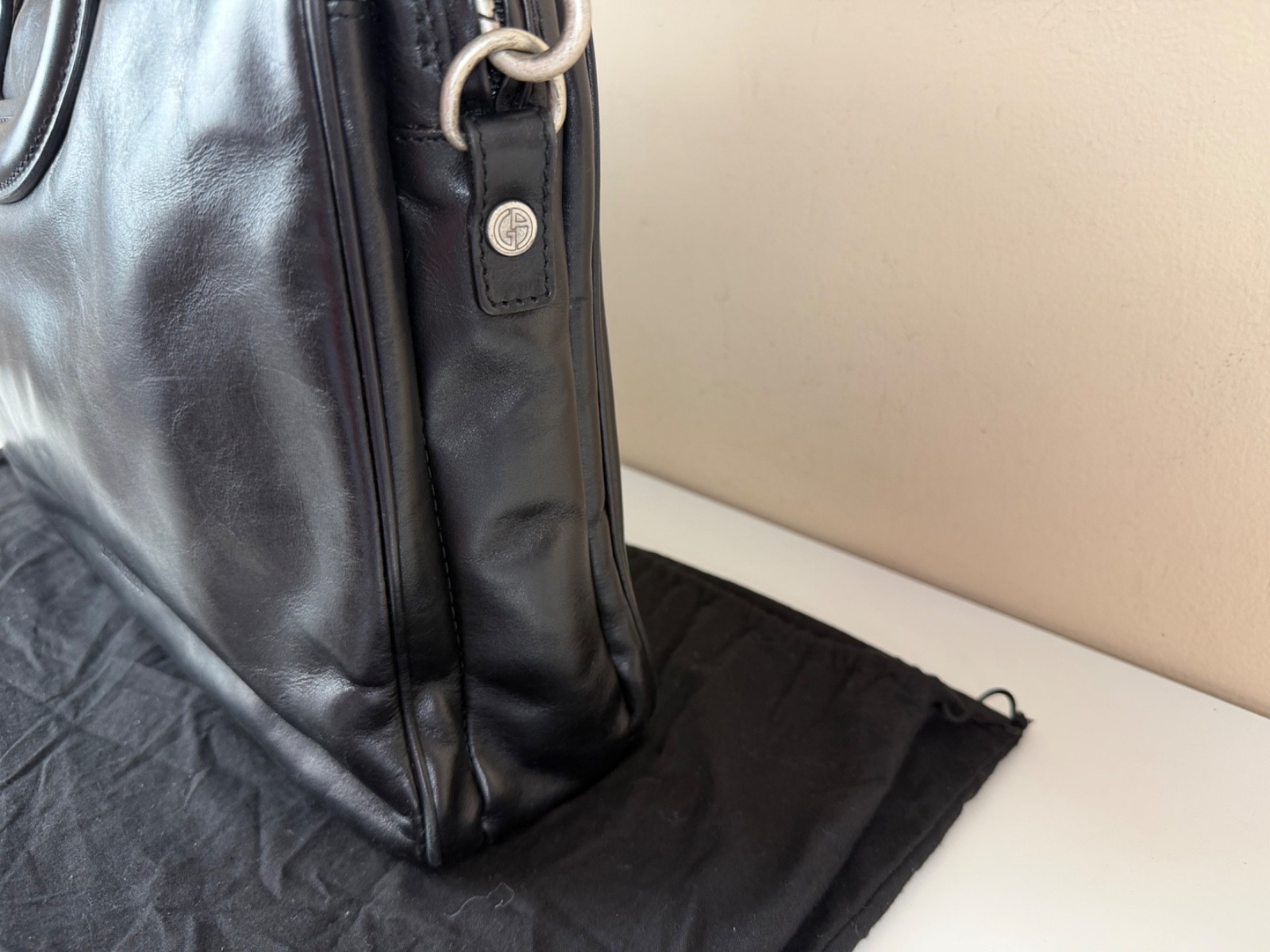 Giorgio Armani Black Leather Briefcase/Business Bag with Shoulder Strap