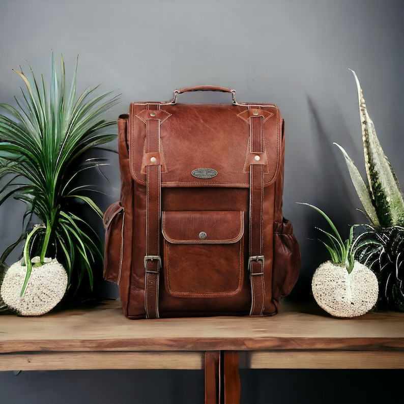 Genuine Leather Backpack . Strong & Durable Brass Fittings & Buckles, YKK Zipper