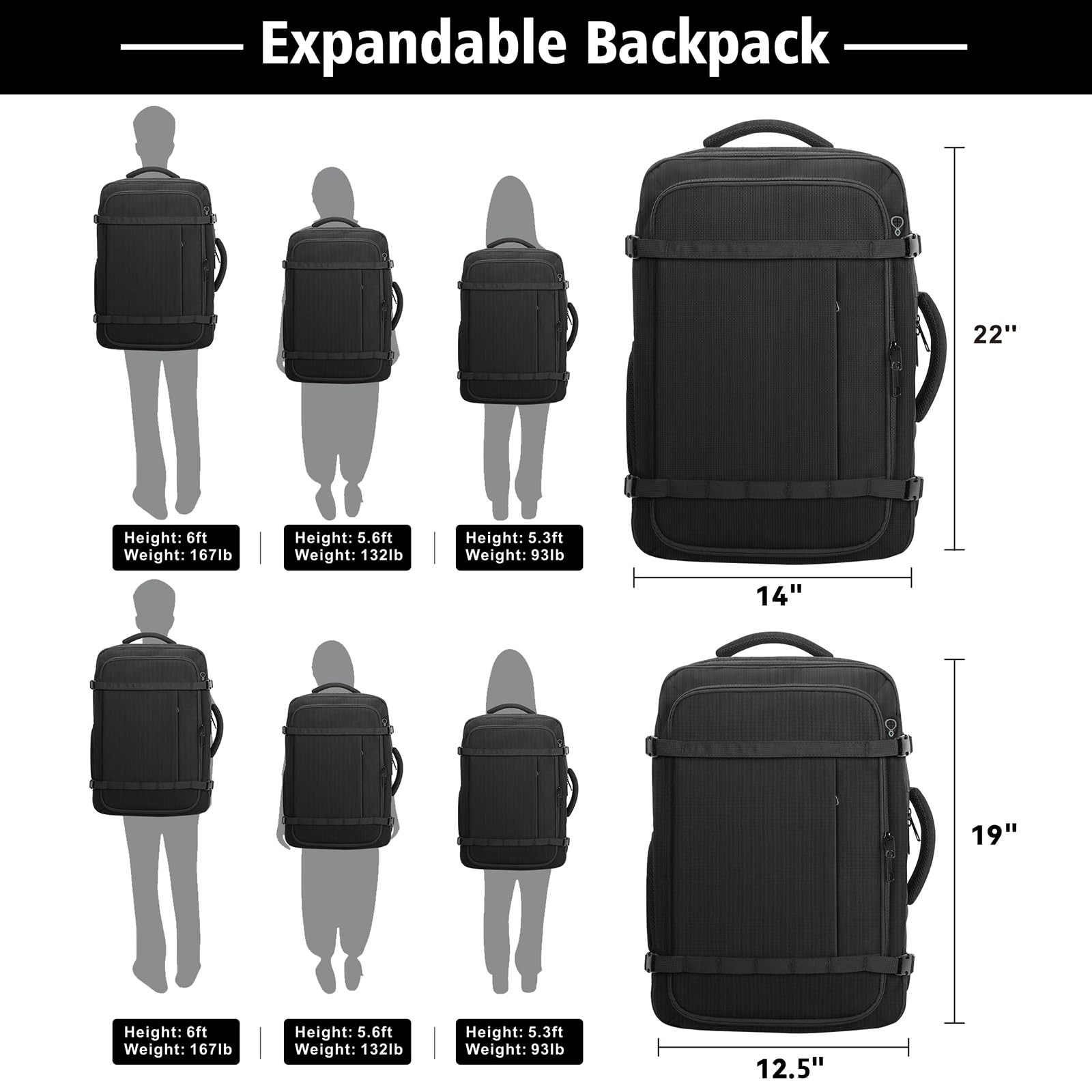Travel Backpack,Expandable Carry on Backpack 40-50L with USB Cable Port,Fits