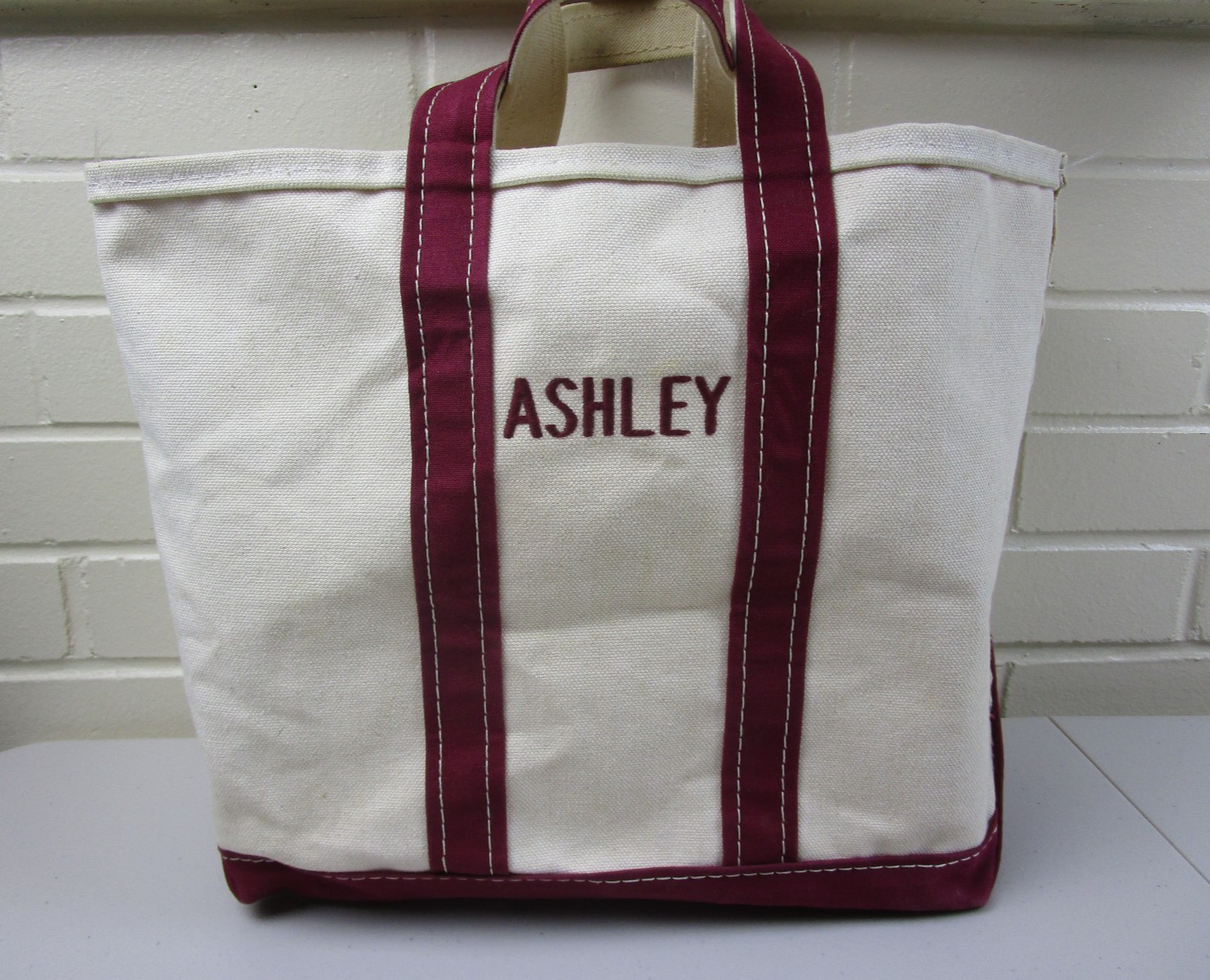Vintage LL BEAN Boat and Tote Canvas Bag “Ashley” Embroidered Ivory w/Red Trim
