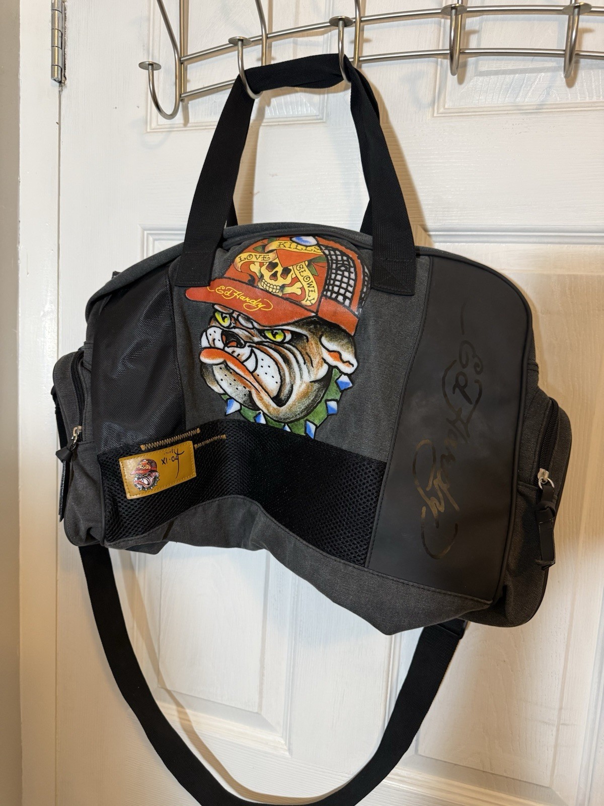 Ed Hardy Bull Dog Tatoo Image Logo Gray Duffle Bag Zip Top Long