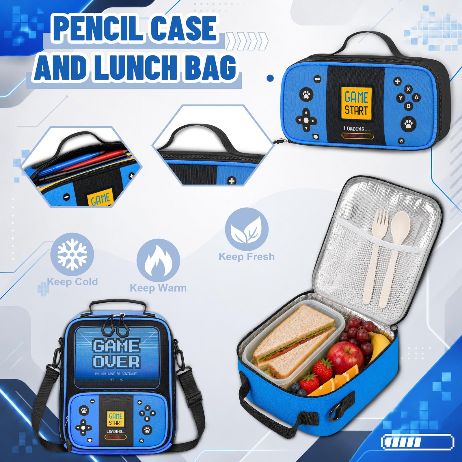 Boys Backpack with Lunch Box Set 4 Pcs Gamer School Bookbag Blue Gaming
