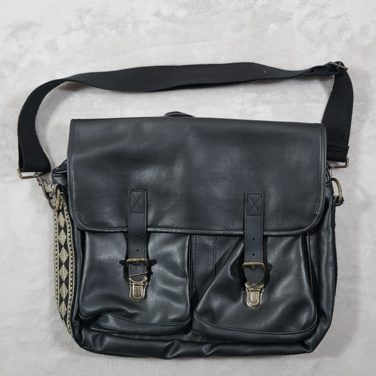 Vintage Boho Leather Messenger Bag Crossbody Satchel Travel Tribal Strap Black