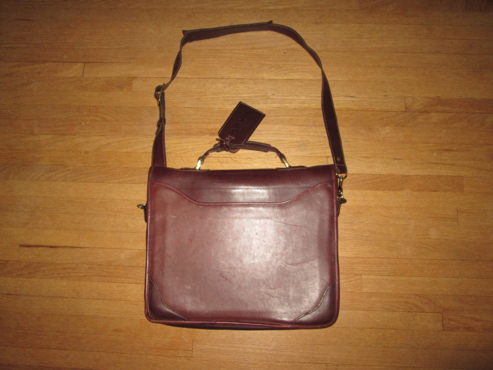 Vintage ORVIS Brown Saddle Leather Push Clasp Briefcase Messenger Bag *USA