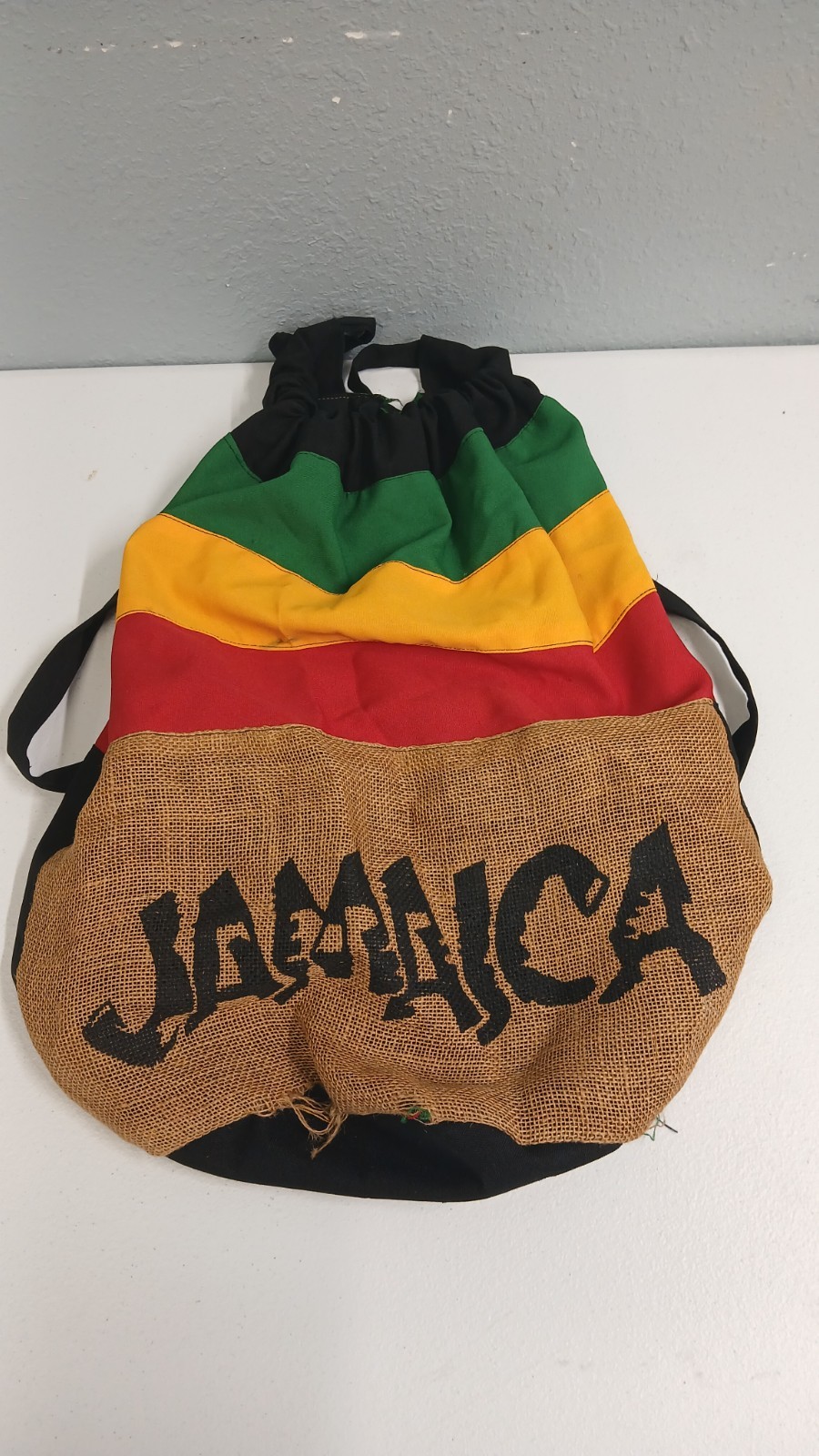 Jamaica Drawstring Backpack Unisex Multi Color Burlap Rasta Style Shoulder Bag