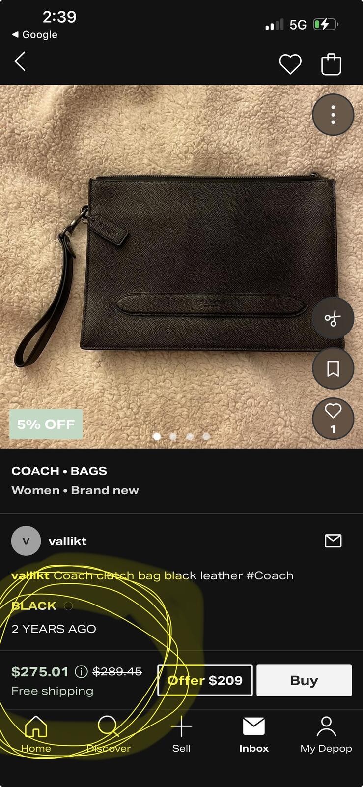 COACH Leather Second Bag Black Solid Color f68154 Ipad Men Women Clutch Work
