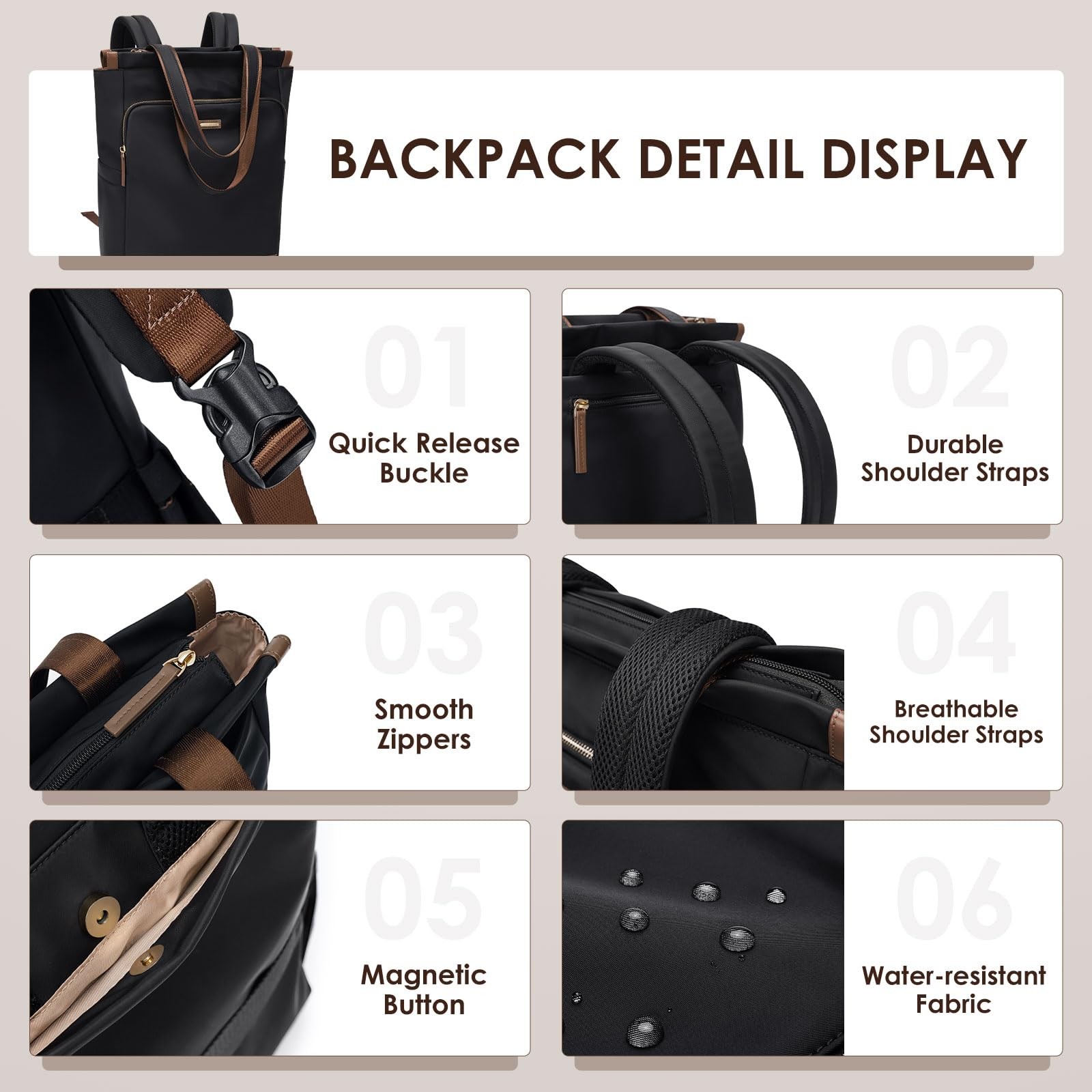 Convertible Laptop Backpack For Women Casual Daypack Notebook Tote Bag Black