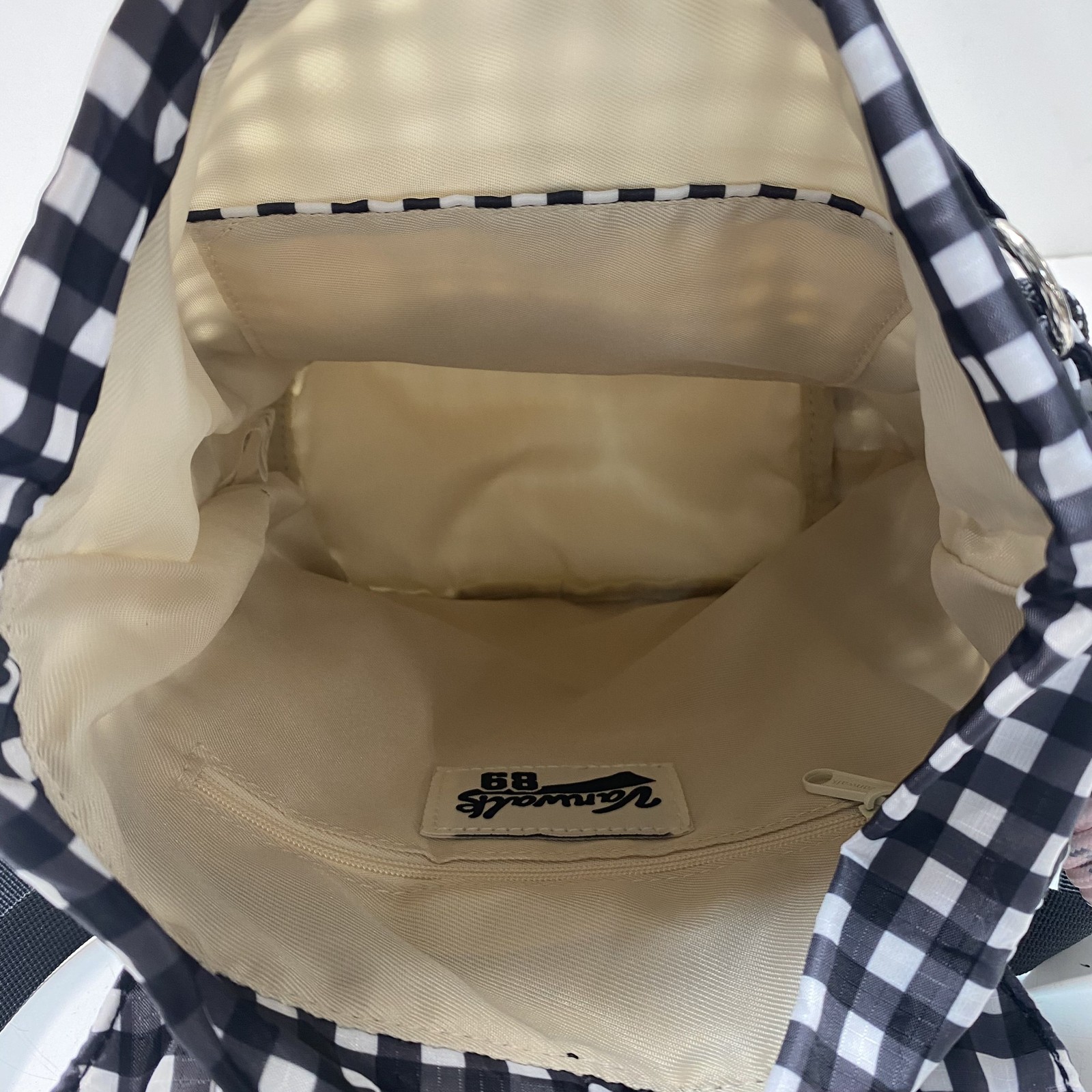 Vanwalk Black White Gingham Checkered Drawstring Backpack Mesh Pockets
