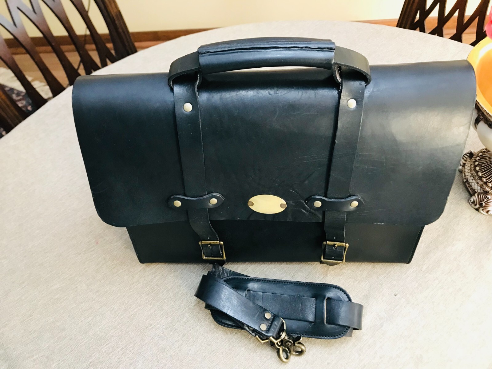 JACKSON WAYNE Black Heavy Saddle Leather Briefcase / Messenger Bag – US Made