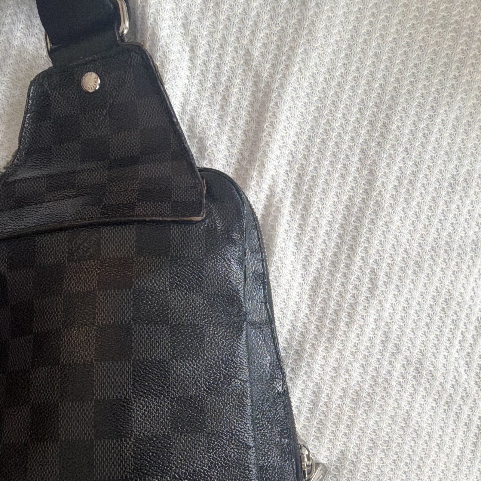Men’s Black/Gray Checkered Crossbody Sling Bag Adjustable Strap Zip Closure