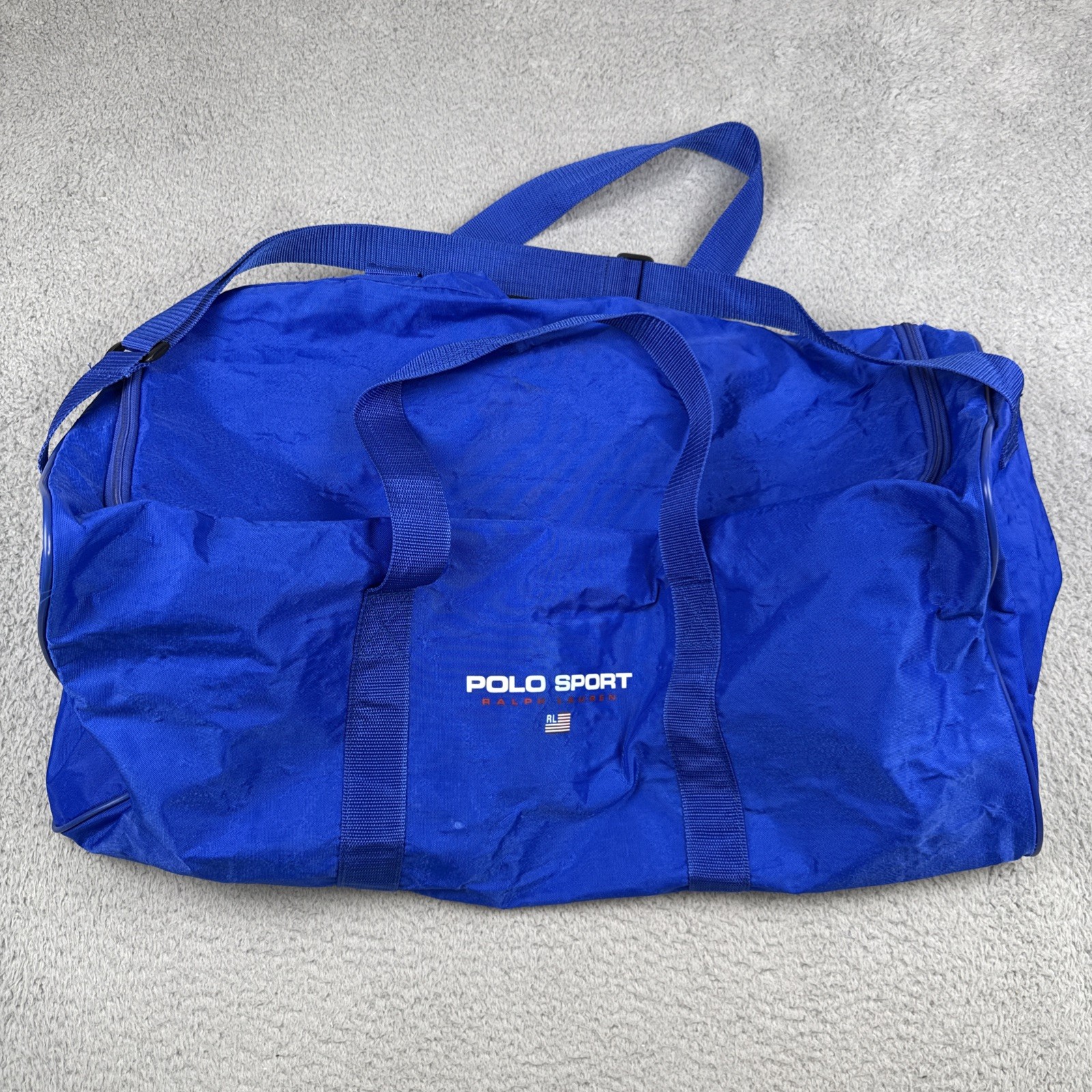 Vtg 90s Polo Sport Ralph Lauren Spell Out Flag Logo Large Duffel Bag Gym Blue