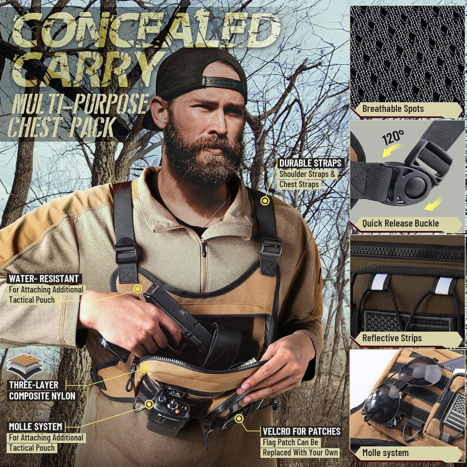 Tactical Chest Rig with Holster – EDC Sport Pack for Hiking, Running & Workouts