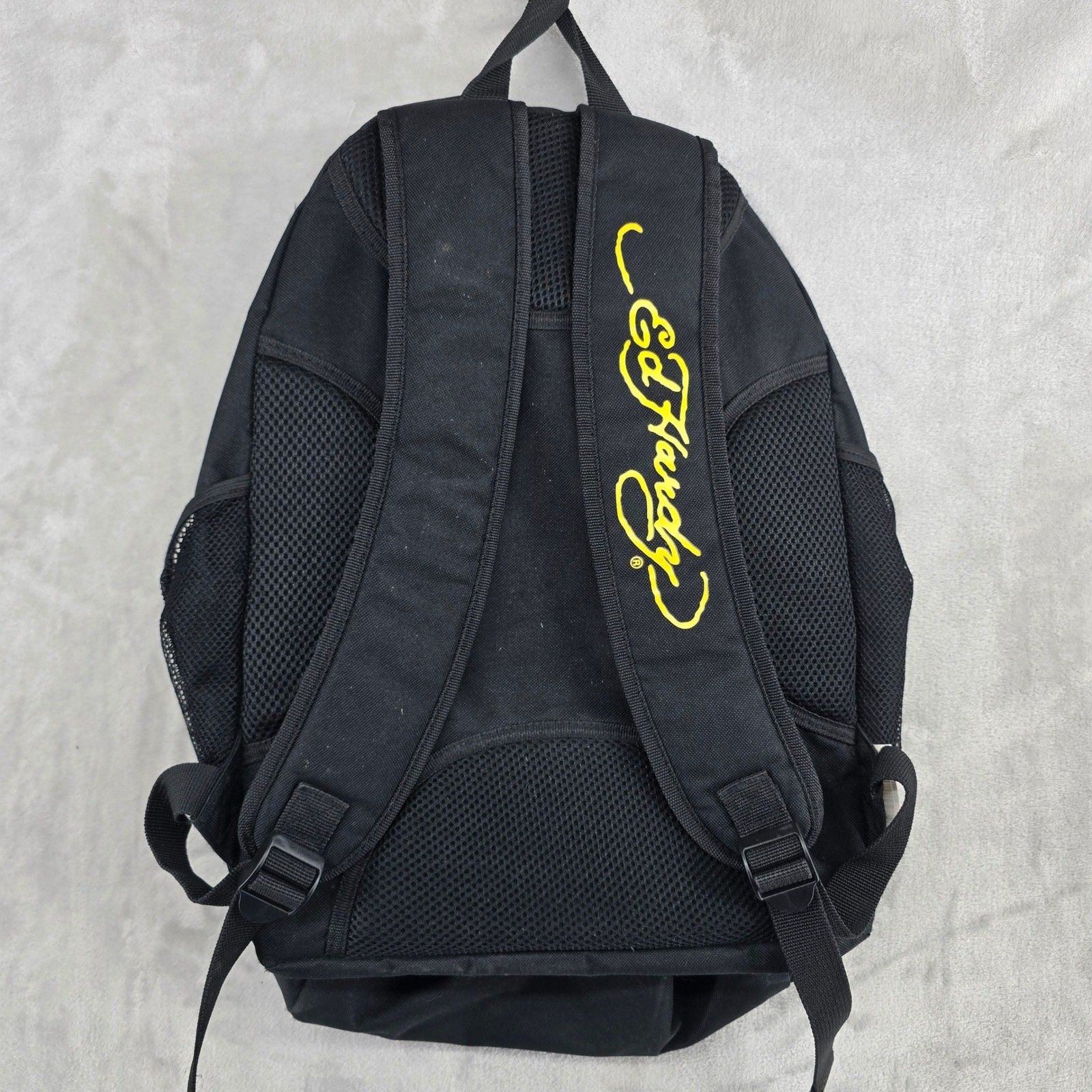 Ed Hardy Bulldog Checker Hat Backpack Black Y2K Graphic Skull Zipper Pull