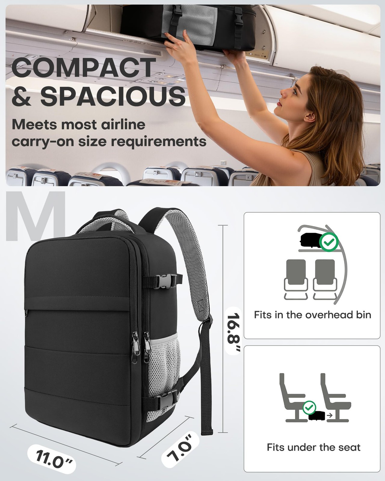 Travel Backpack Flight Approved Bag Men Women, Medium Black