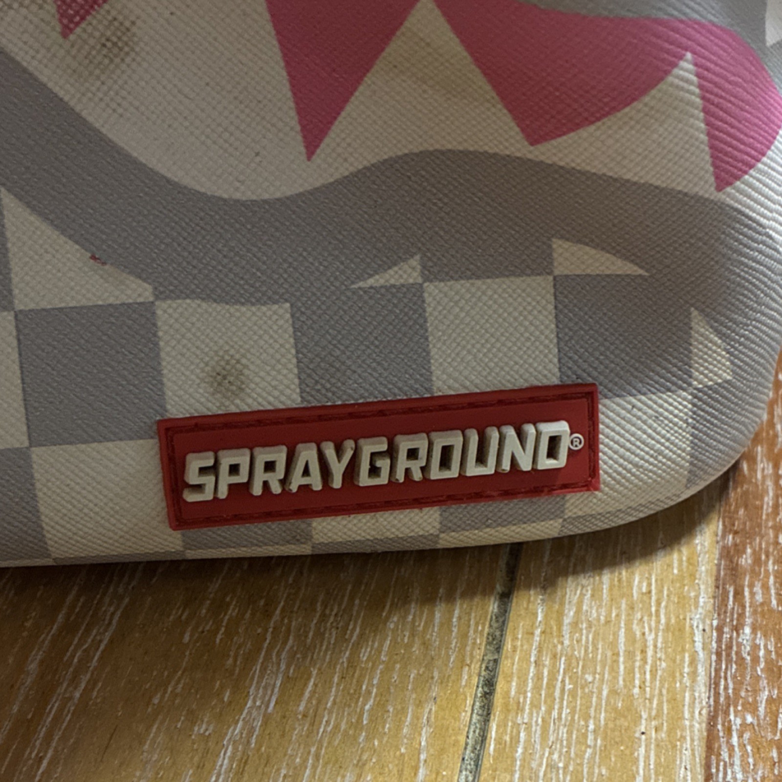 Sprayground Limited Edition Shark Mouth Checkered Backpack, Gray White Pink