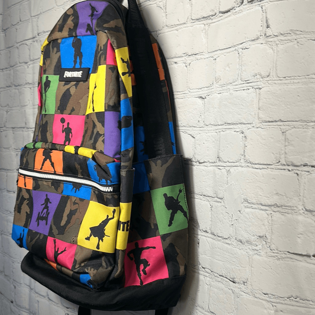 Fortnite Camo Silhouette Dance Backpack Book Bag Bright Colors Purple Pink