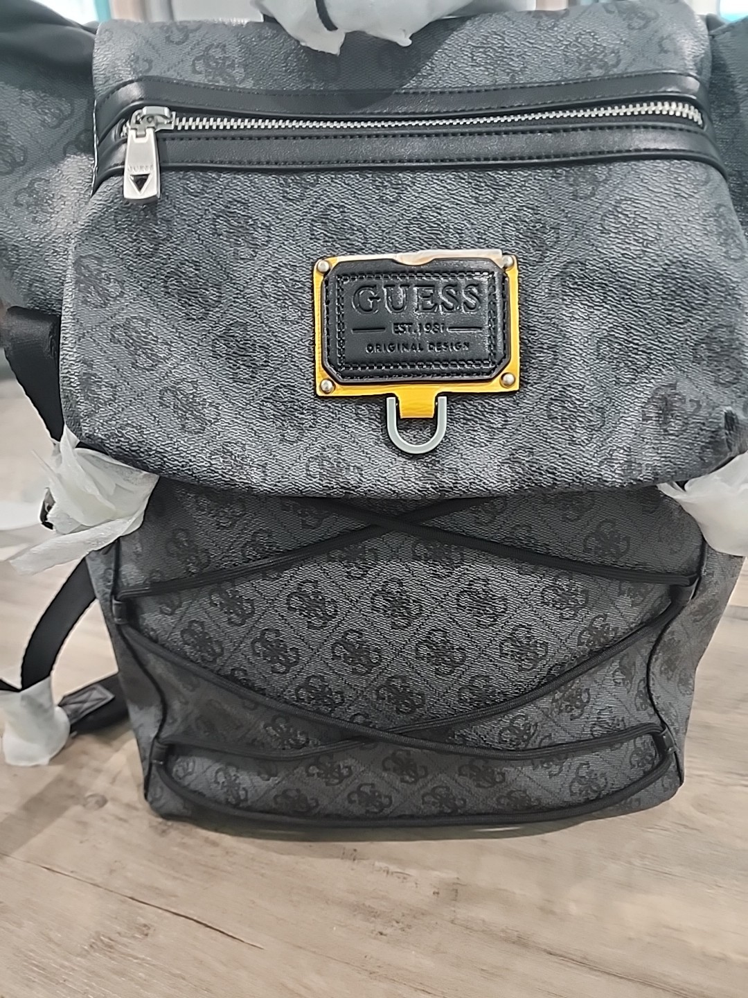 GUESS Salameda Logo Backpack Grey Blaster Wash Utility Drawstring Laptop Pocket