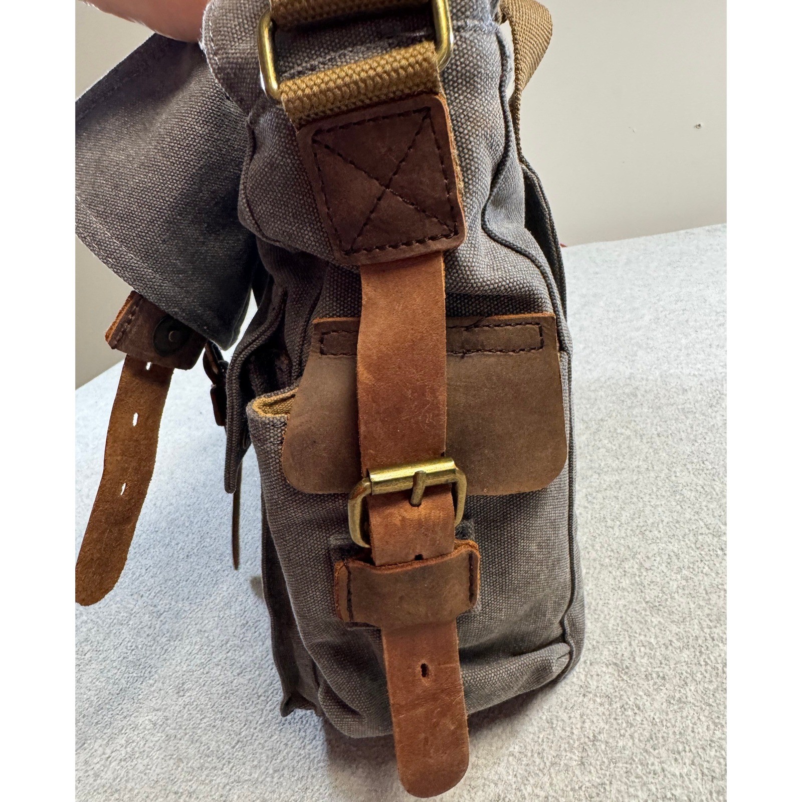 Kattee Canvas Leather Messenger Bag Laptop Briefcase Satchel Brown Gray Work