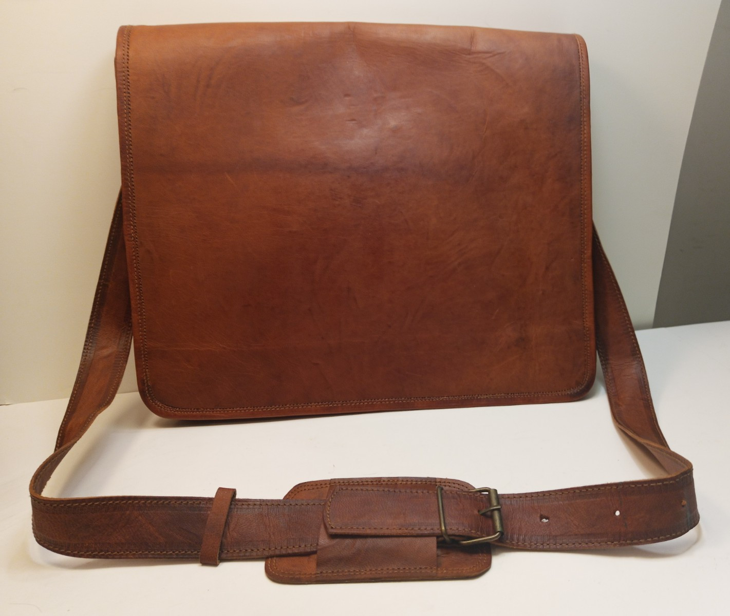 Komal’s Passion Leather Satchel Messenger Bag Shoulder Strap Green Canvas 16″