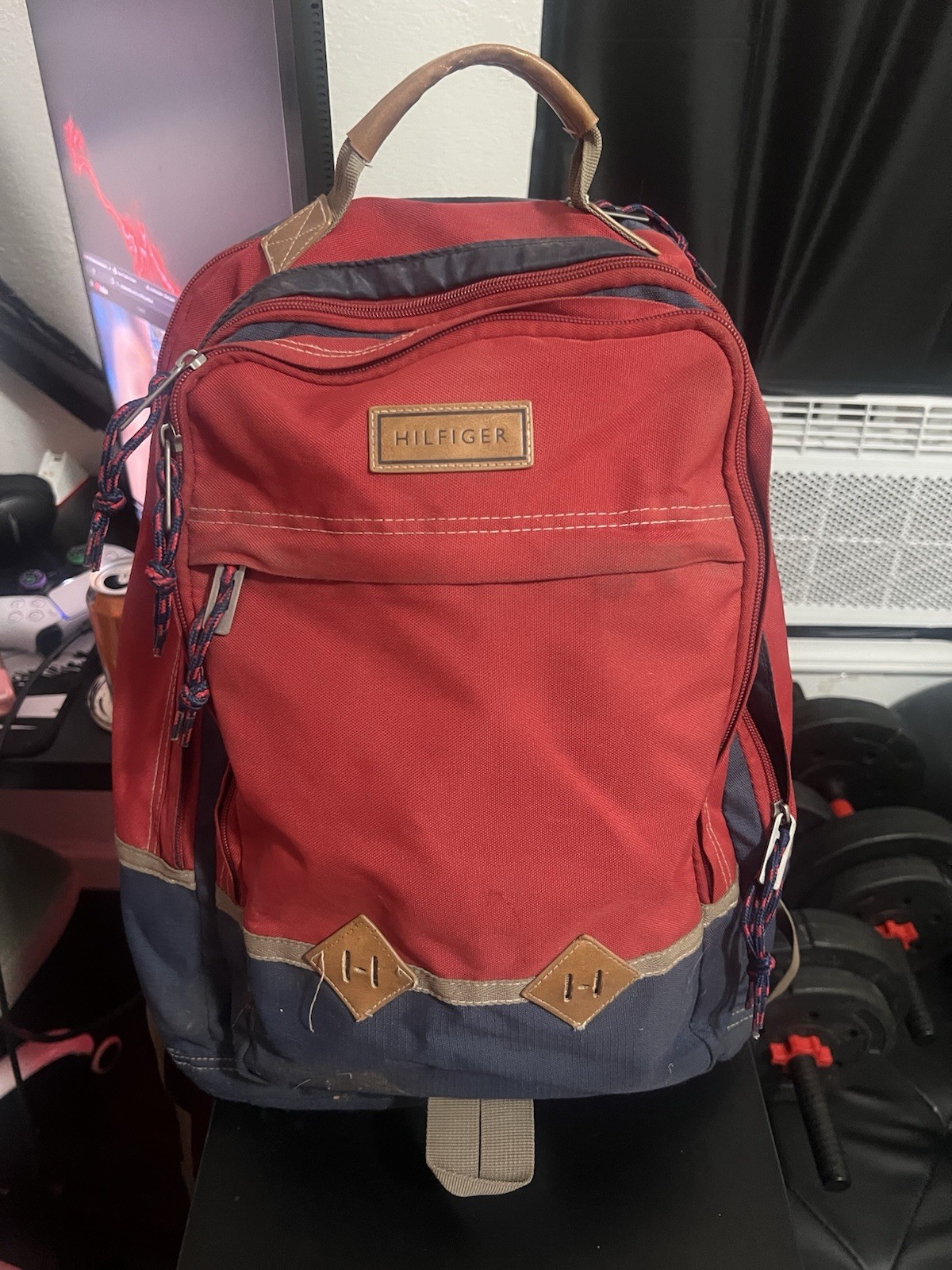Tommy Hilfiger Red/Blue/Tan Colorblock Backpack Zip, Padded Adjustable Strap