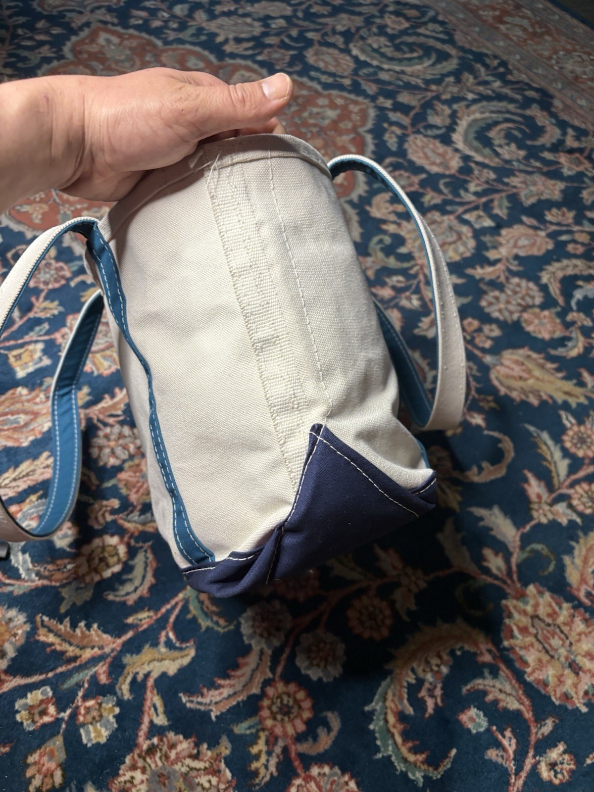 LL Bean Boat & Tote Bag Medium Royal Blue Turquoise Long Handle EUC Purse