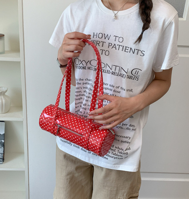 Womens Candy Color Polka Dot Barrel Bag PU Leather Shoulder Purse