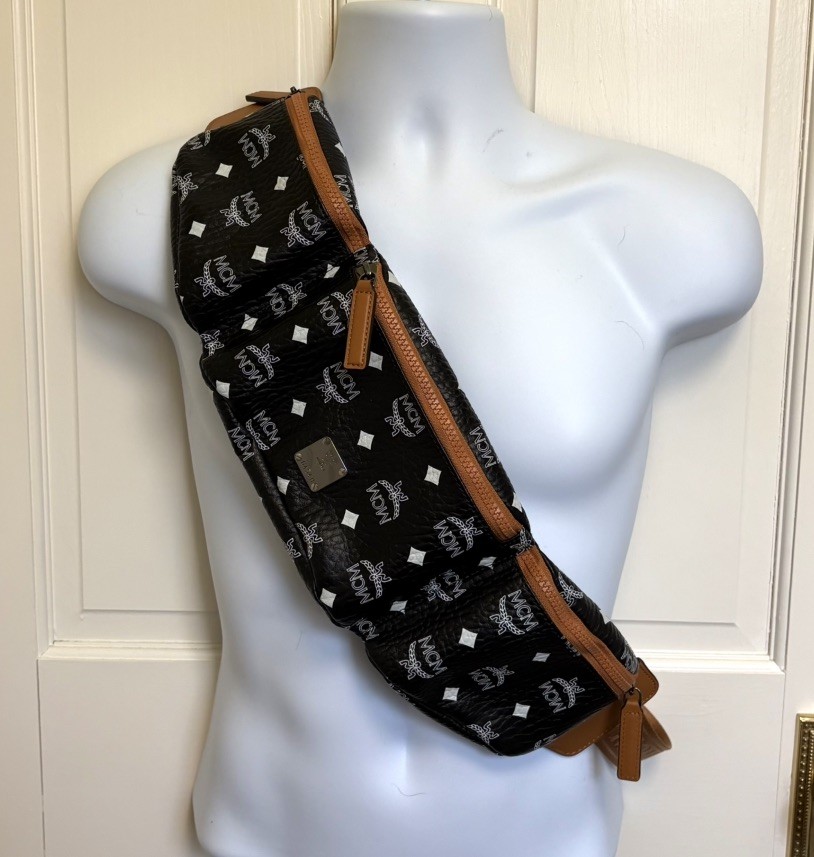 MCM Visetos 3 Pocket Belt Bag Black Cognac Sling Waist Pack Crossbody