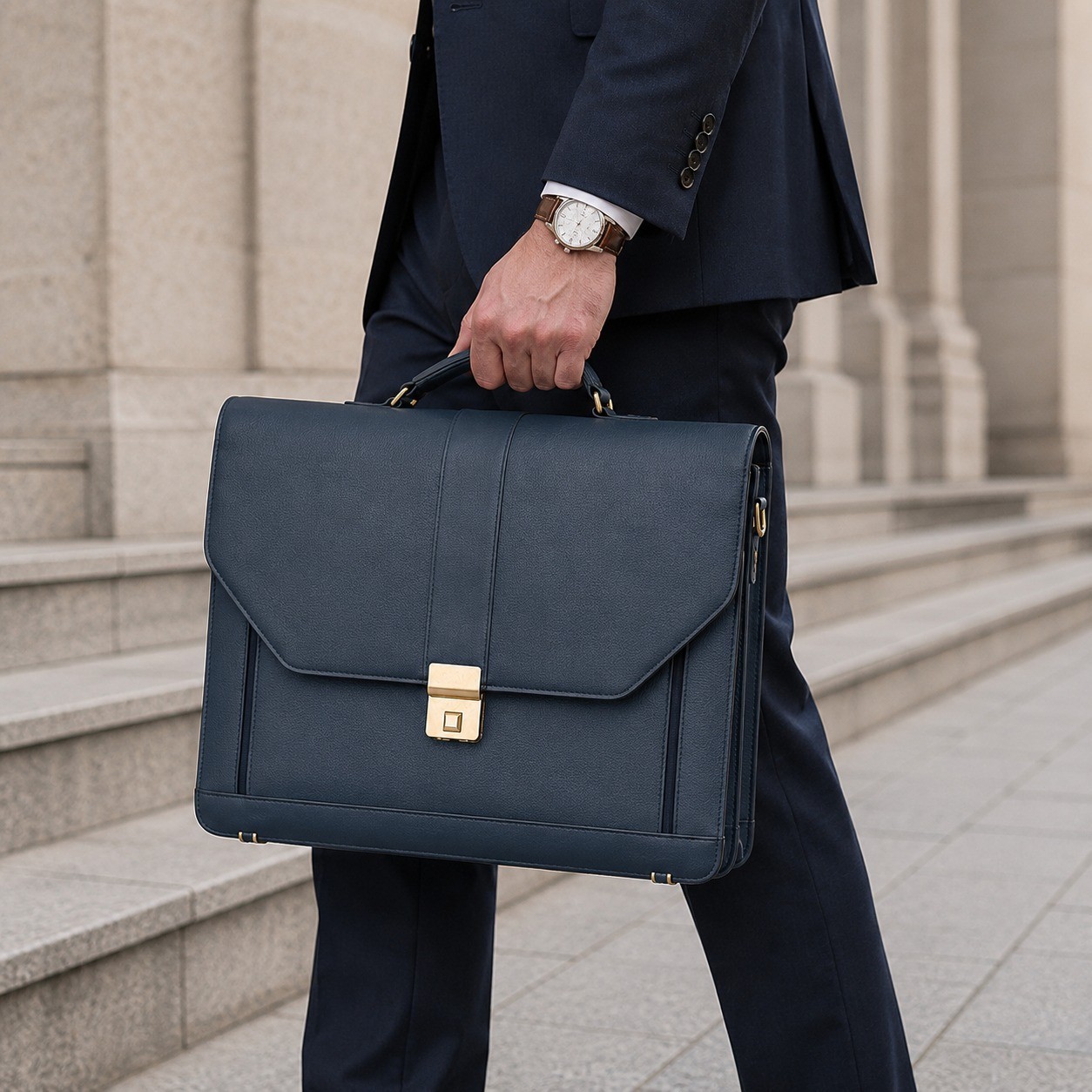 Navy Blue Genuine Leather Briefcase Push Lock Gold Hardware Handmade Bag New