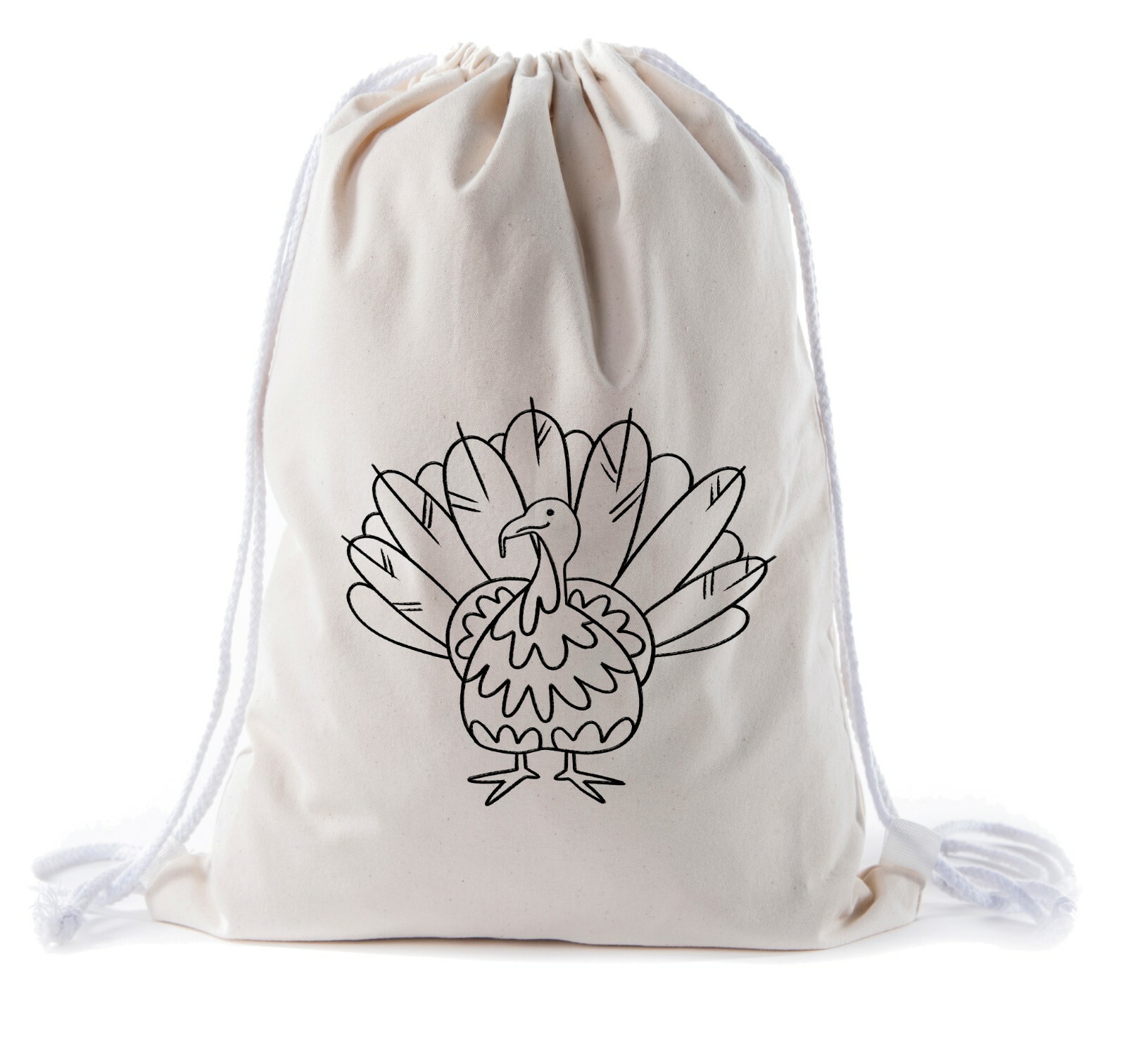 Color in Turkey Lines Reusable Cinch Bag, Craft Thanksgiving Cotton Bag for Kid