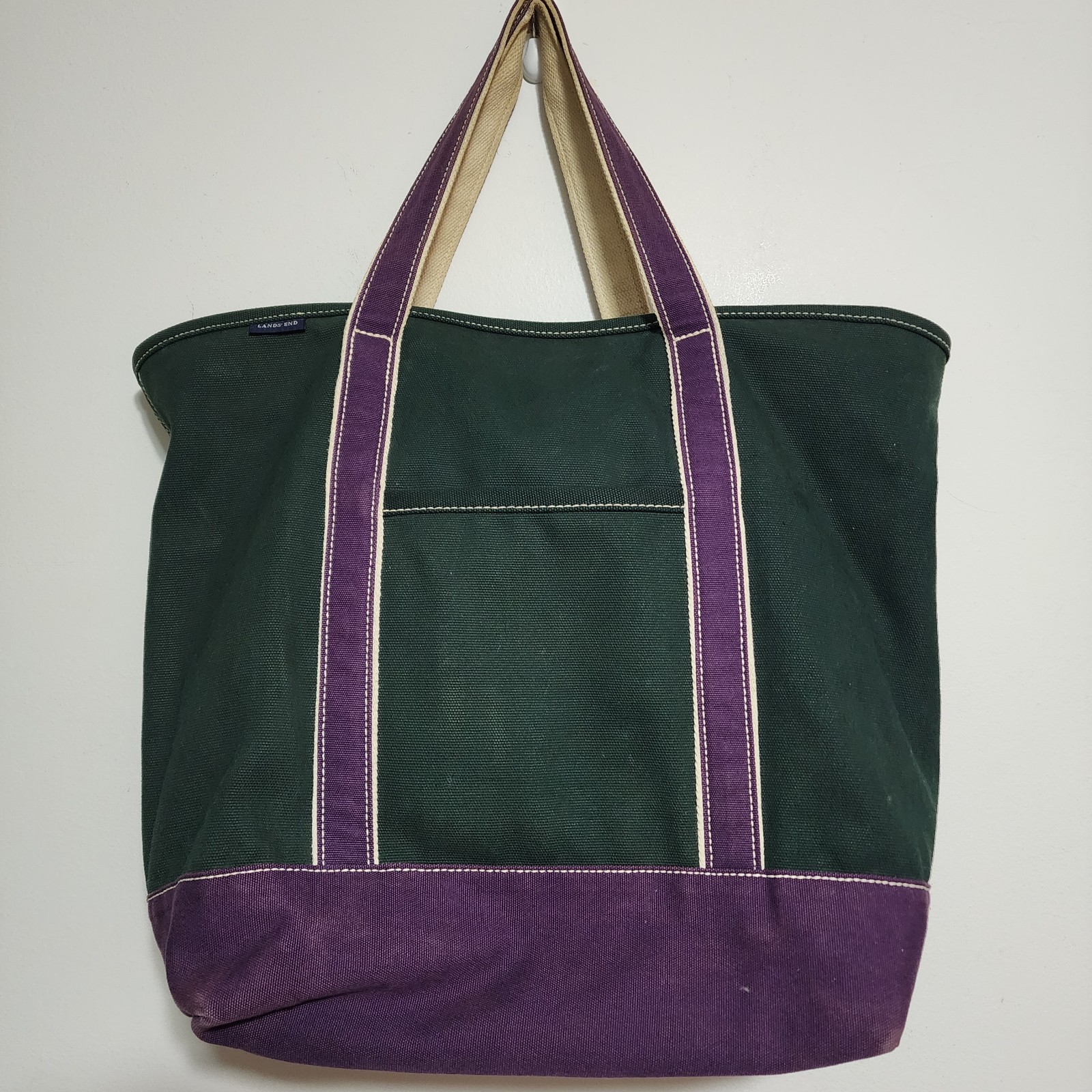 ​Vtg Lands End Deluxe Canvas Tote Bag Large Green Purple Zipper Pockets Boat