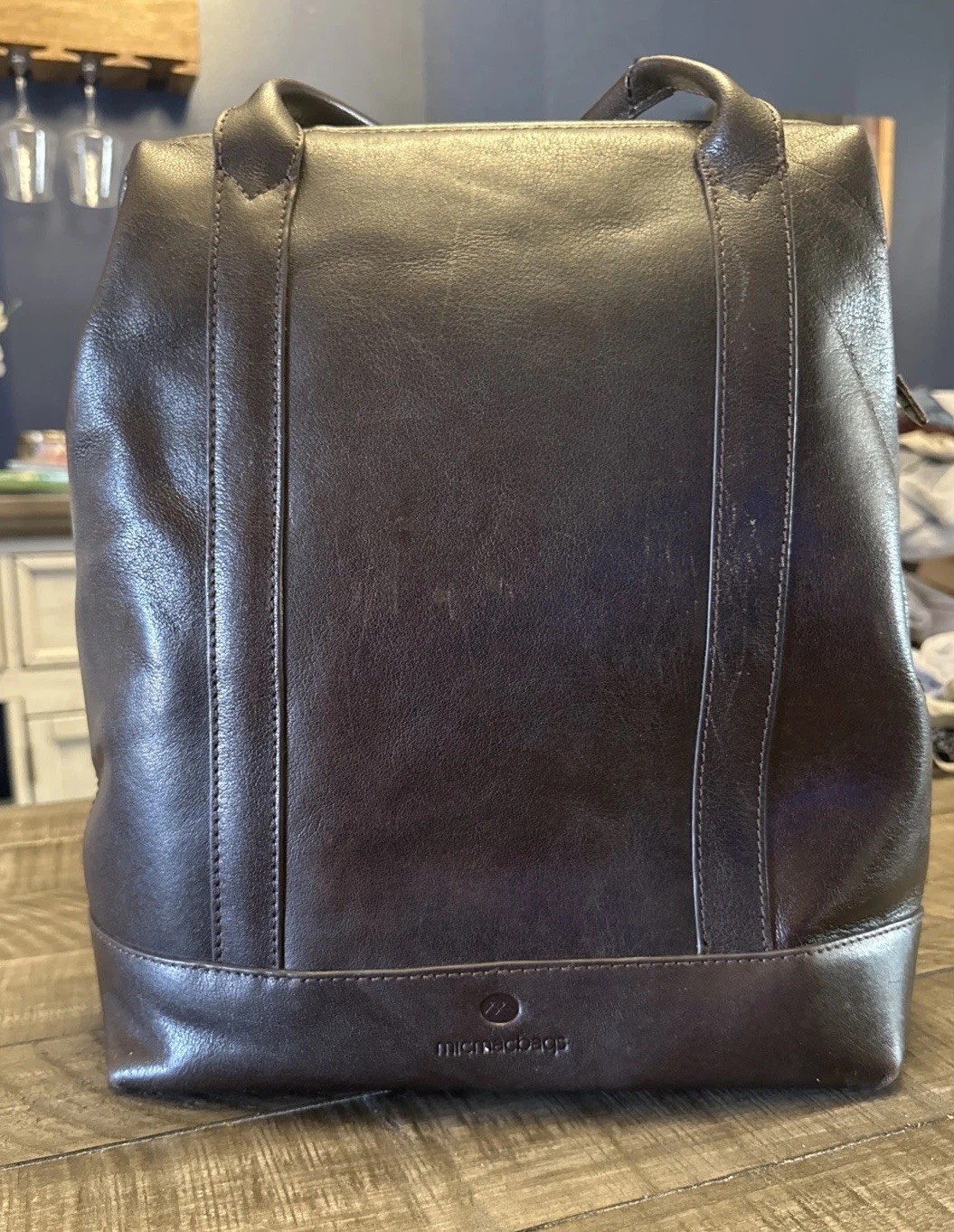 Micmacbags Dark Brown Leather Backpack Plaid Flannel Lining Laptop Bag