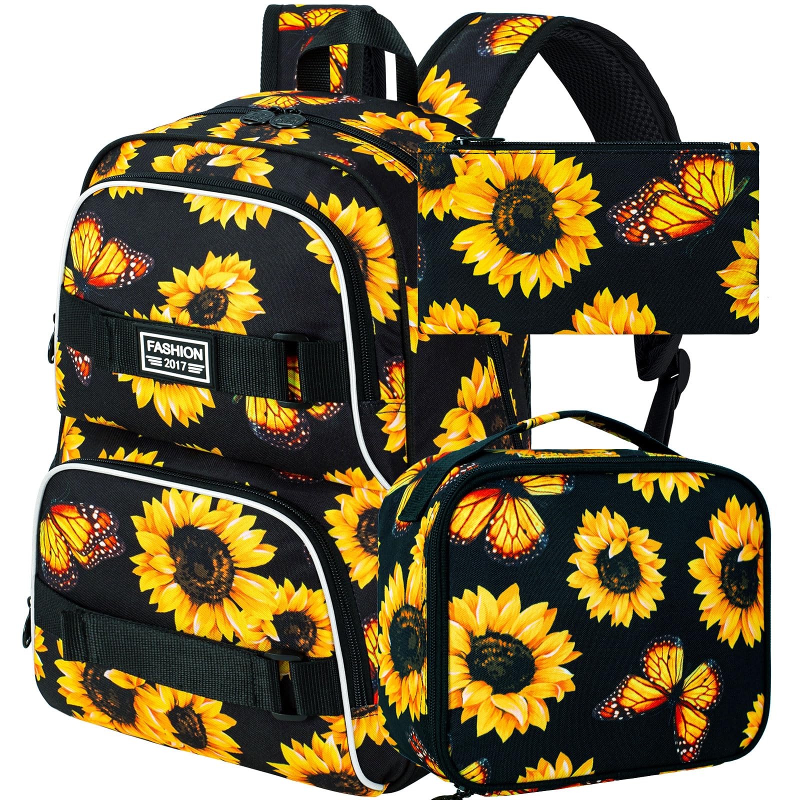 3Pcs Backpack for Girls Women, 17 Inches Sunflower Laptop Backpacks with Lunc…