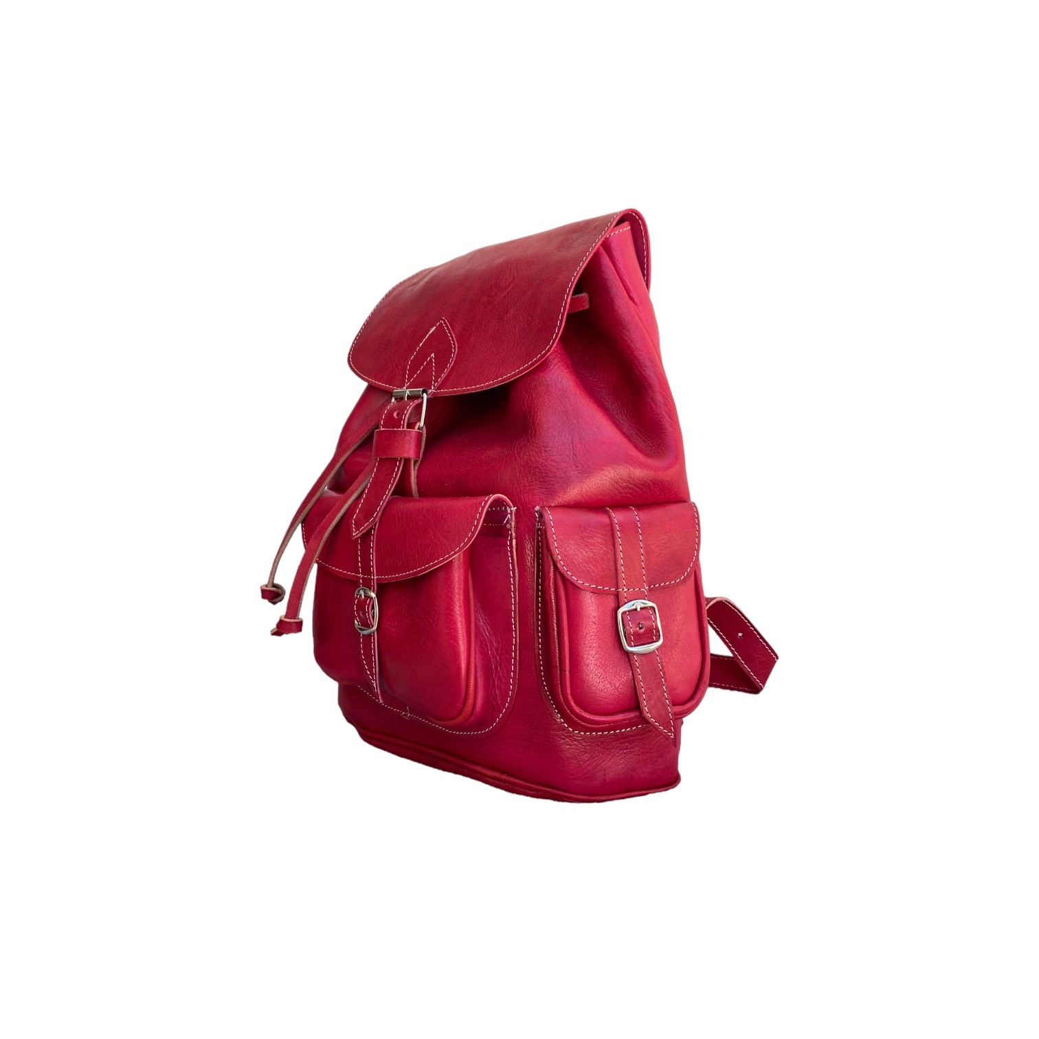 Red Leather Backpack Handmade Morocco Belt Buckle Front Back Pocket Bag