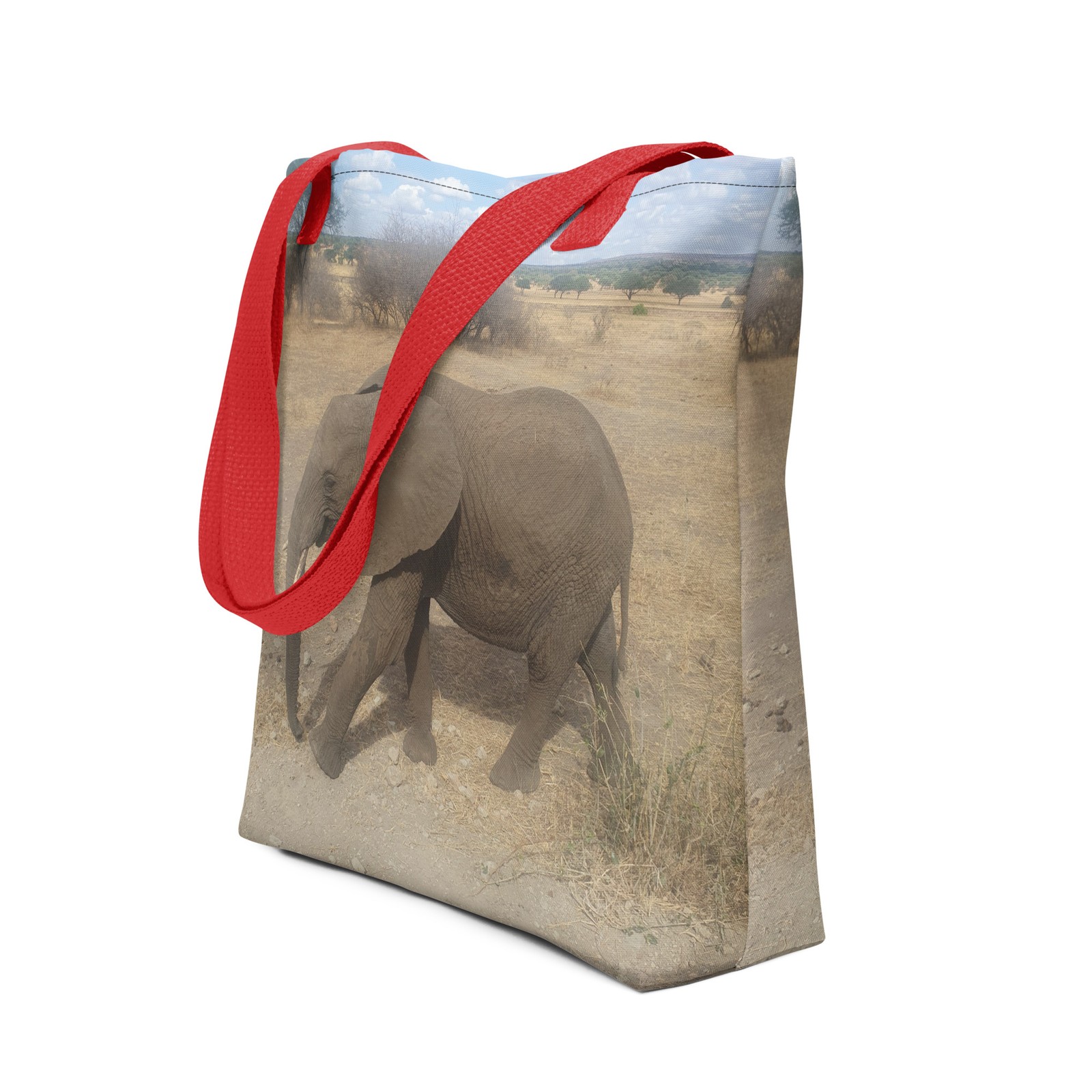 „Tanzania Safari Baby Elephant Tote Bag – Red Handle, Wildlife
