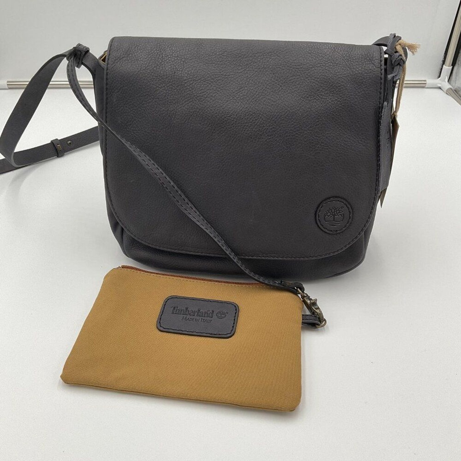 New Timberland Leather Messenger Saddle Bag Black Crossbody Adjustable Strap NWT