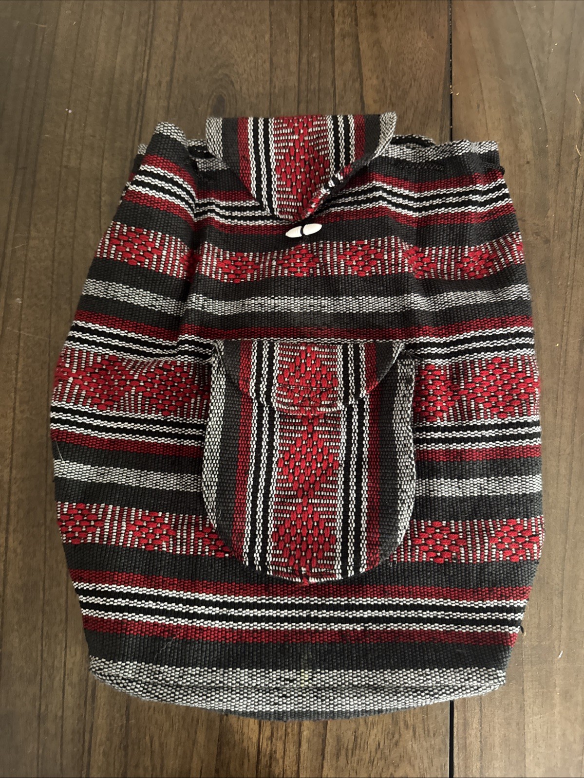 RASTA Bag Beach Hippie Baja Ethnic Red/Black/Wht pocket Backpack Made in Mexico