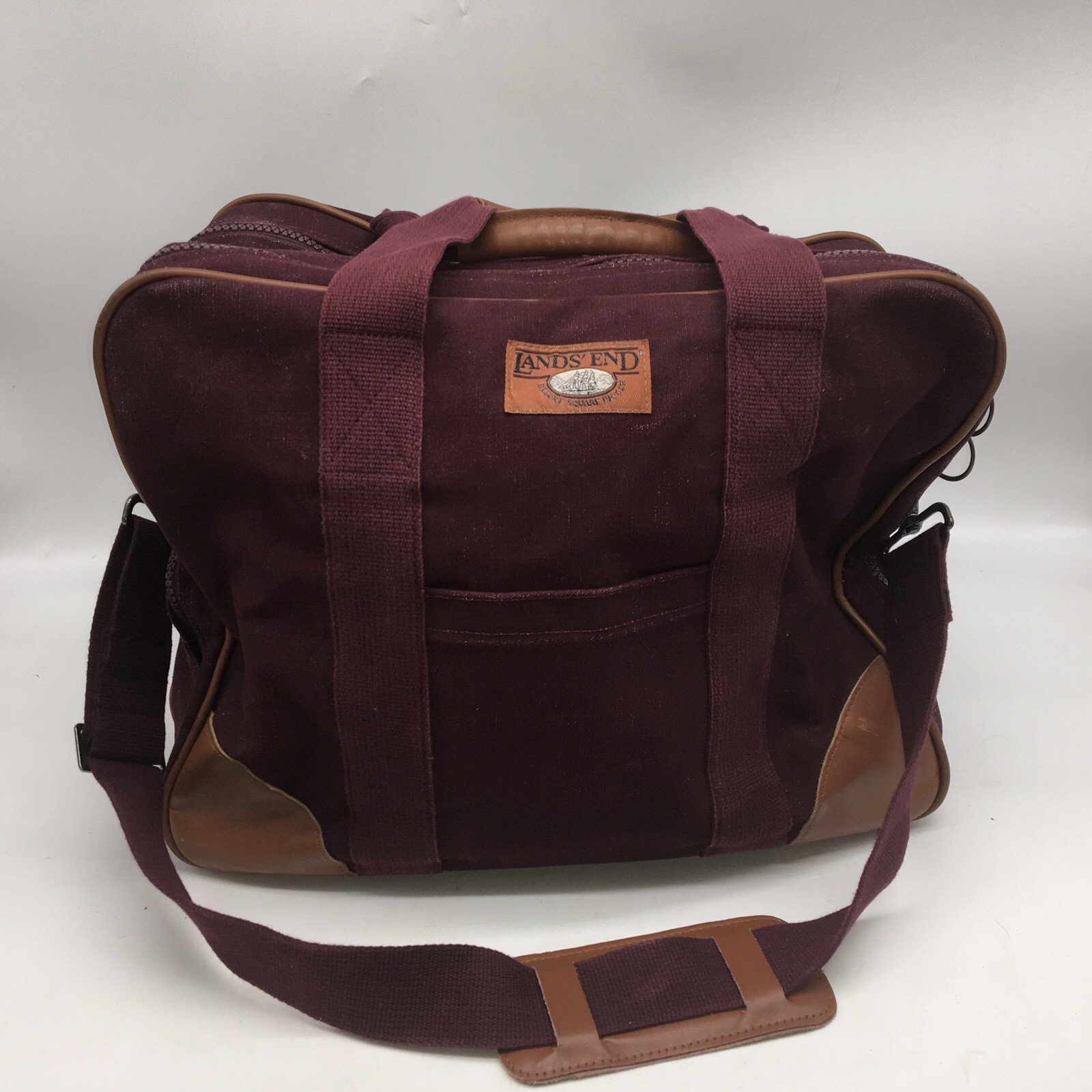 Vtg Lands End Canvas and Leather Deluxe Square Rigger Bag USA Burgundy Large