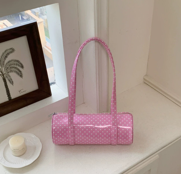 Womens Candy Color Polka Dot Barrel Bag PU Leather Shoulder Purse