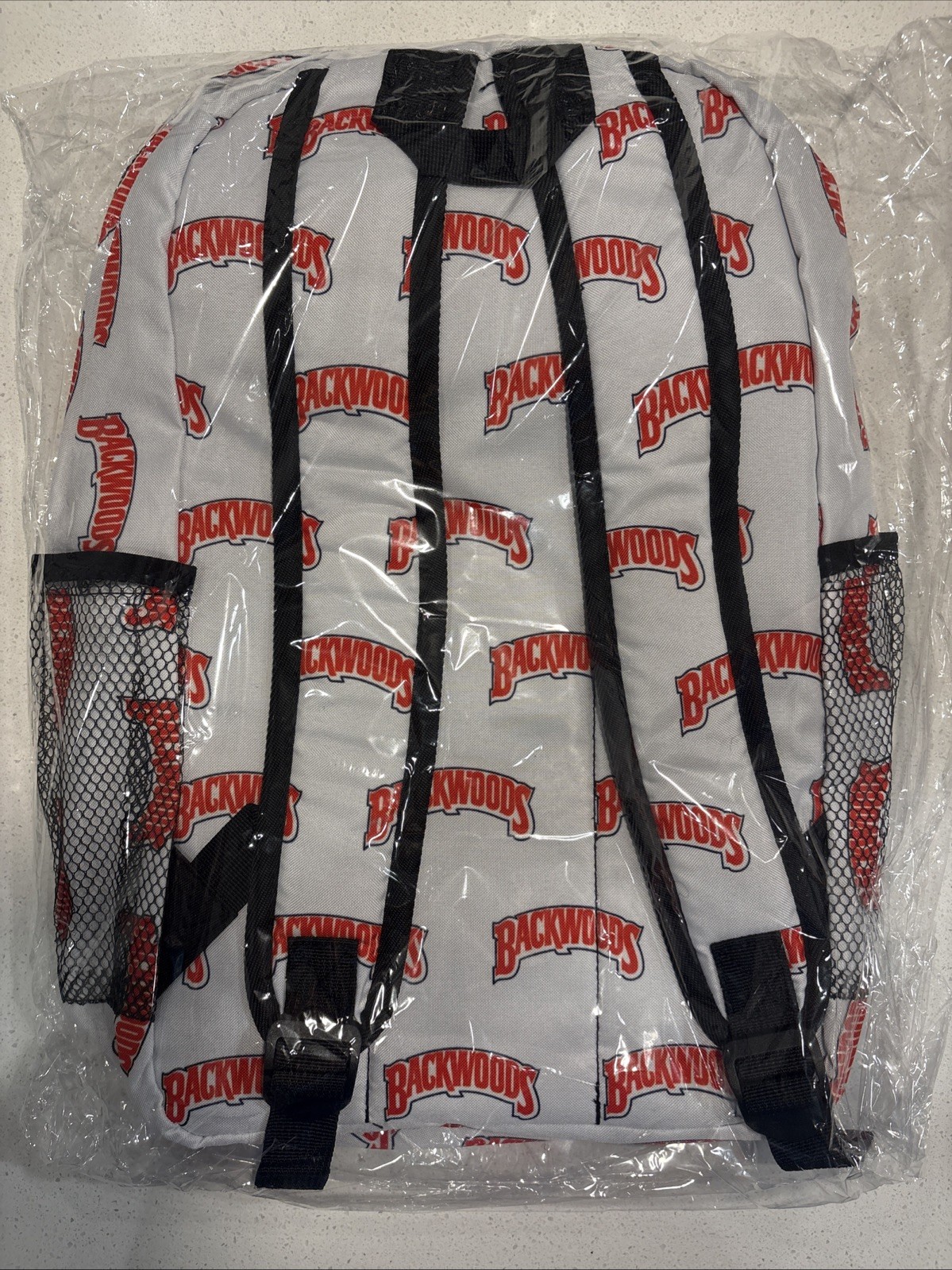 Backwoods Backpack White Backpack Red and Black Lettering Adjustable Straps New
