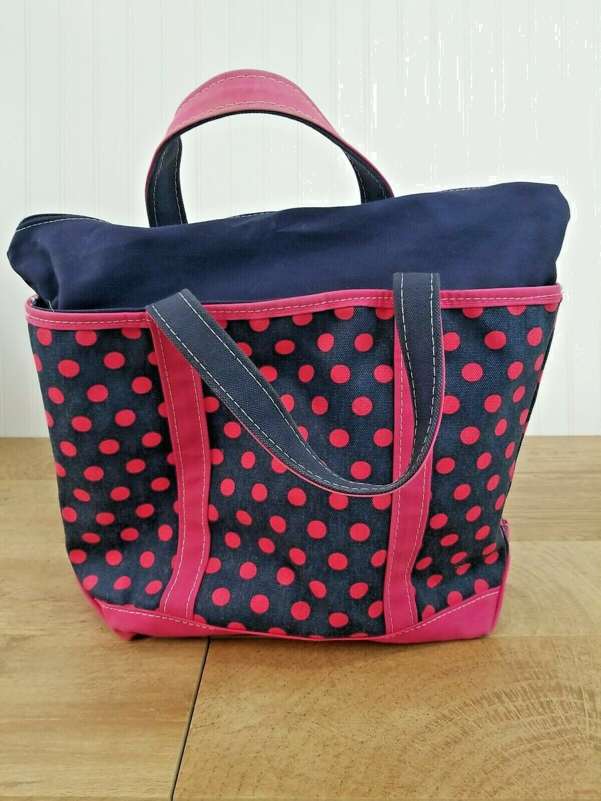 VTG L.L. BEAN Boat & Tote Navy, Polka Dot Canvas Zip Bag Made In USA *RARE* NICE