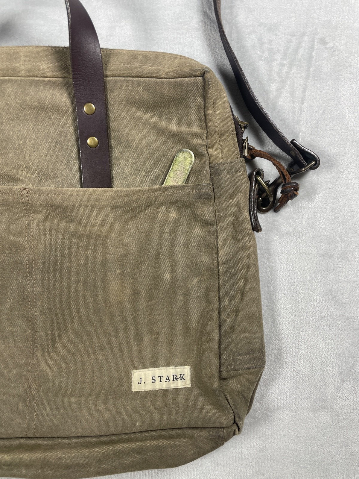 J. Stark Waxed Canvas Briefcase Messenger Bag Olive Brown Leather Strap USA