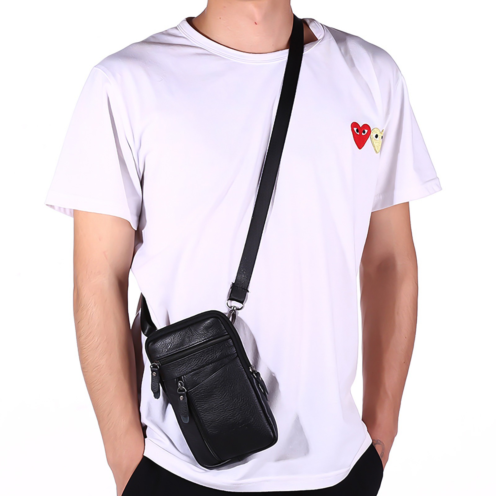 Men Leather Belt Bag Fashion Crossbody Phone Waist Pack 3-Zip Pouch Black/Brown