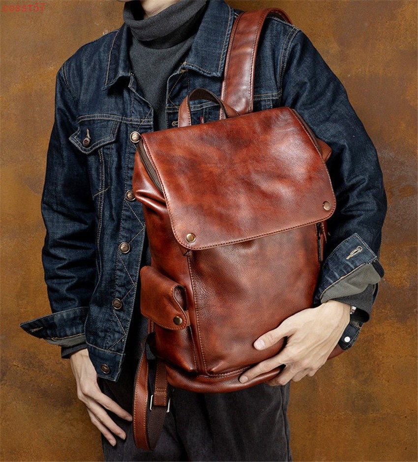 Handmade Really Cow Leather Backpack Vintage Men’s Casual Travel Bag Laptop Bag