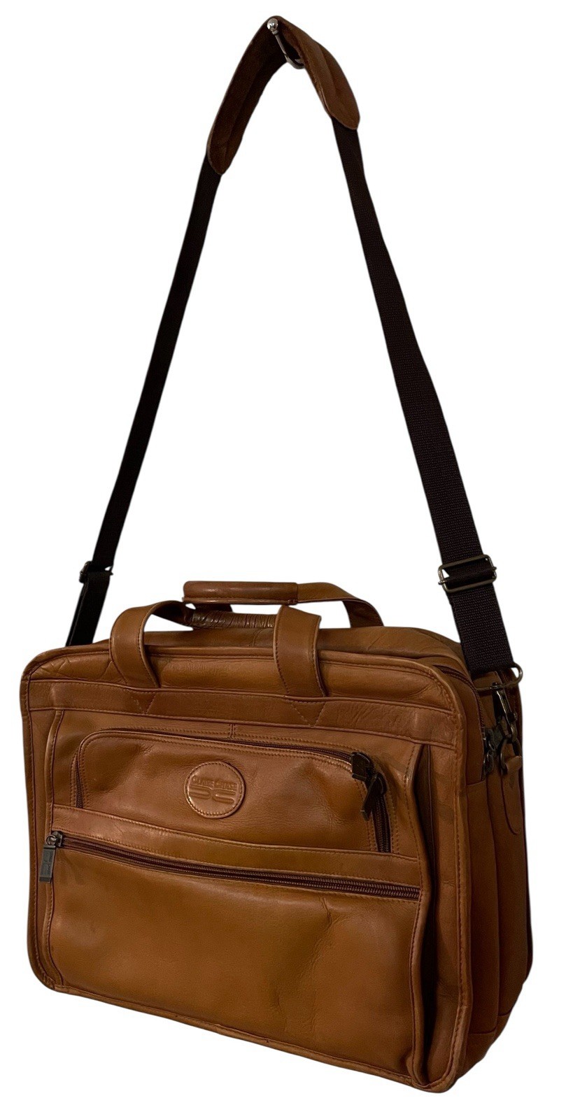 Claire Chase Distressed Tan Leather Laptop Briefcase Shoulder Bag Carry On Large